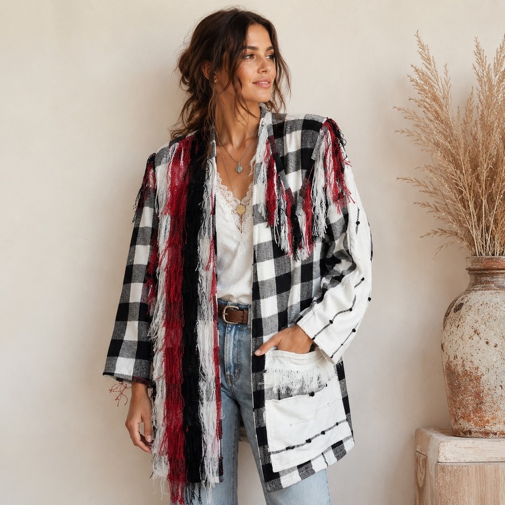 Crystal Handwovens Vintage Fringe Jacket M Buffalo Plaid Wearable Art Boho
